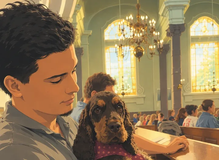 Illustratie van Koen met zijn bruine Engelse cocker spaniel op schoot